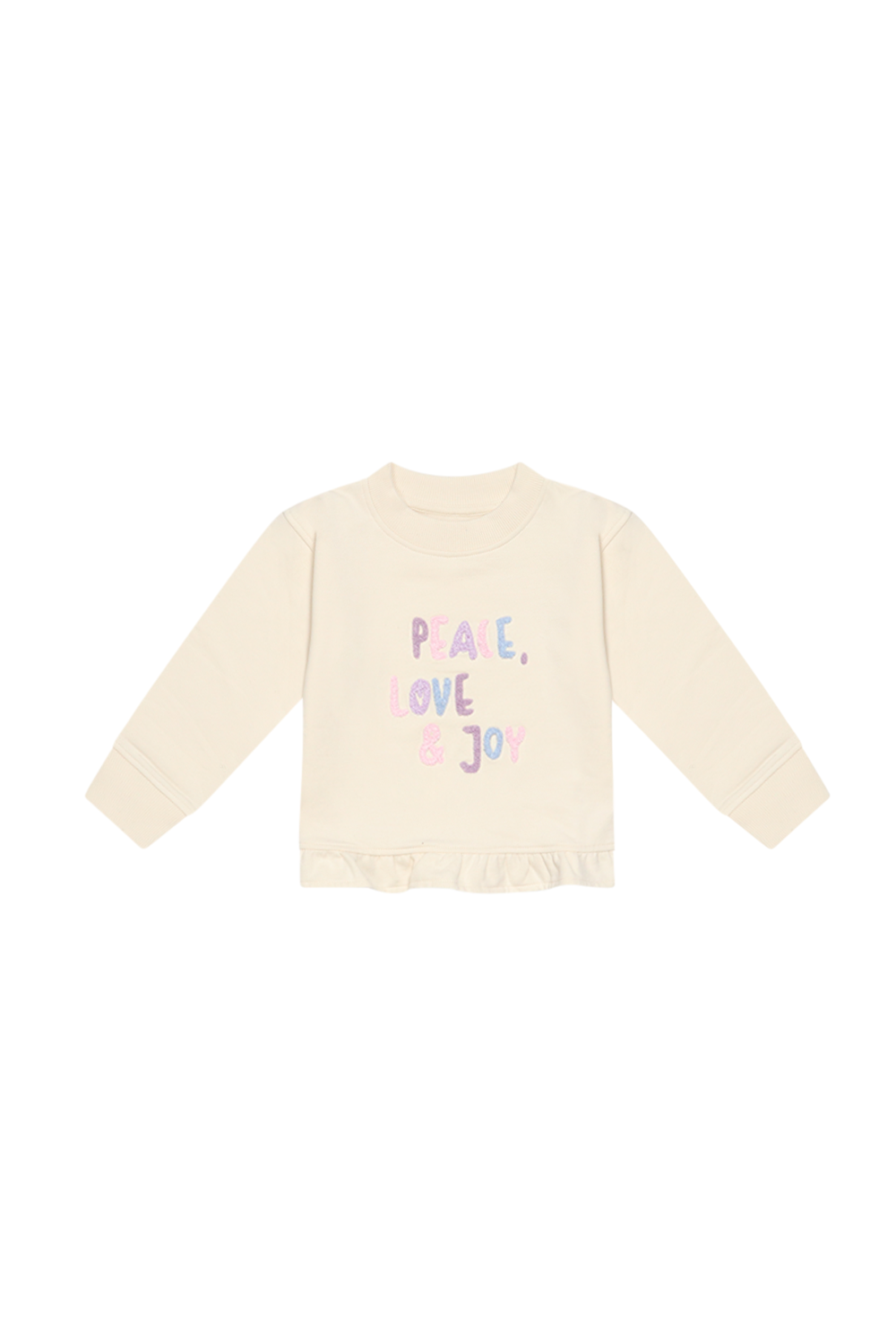 Leevje Sweatshirt 'peace, love & joy' mit Rüschensaum
