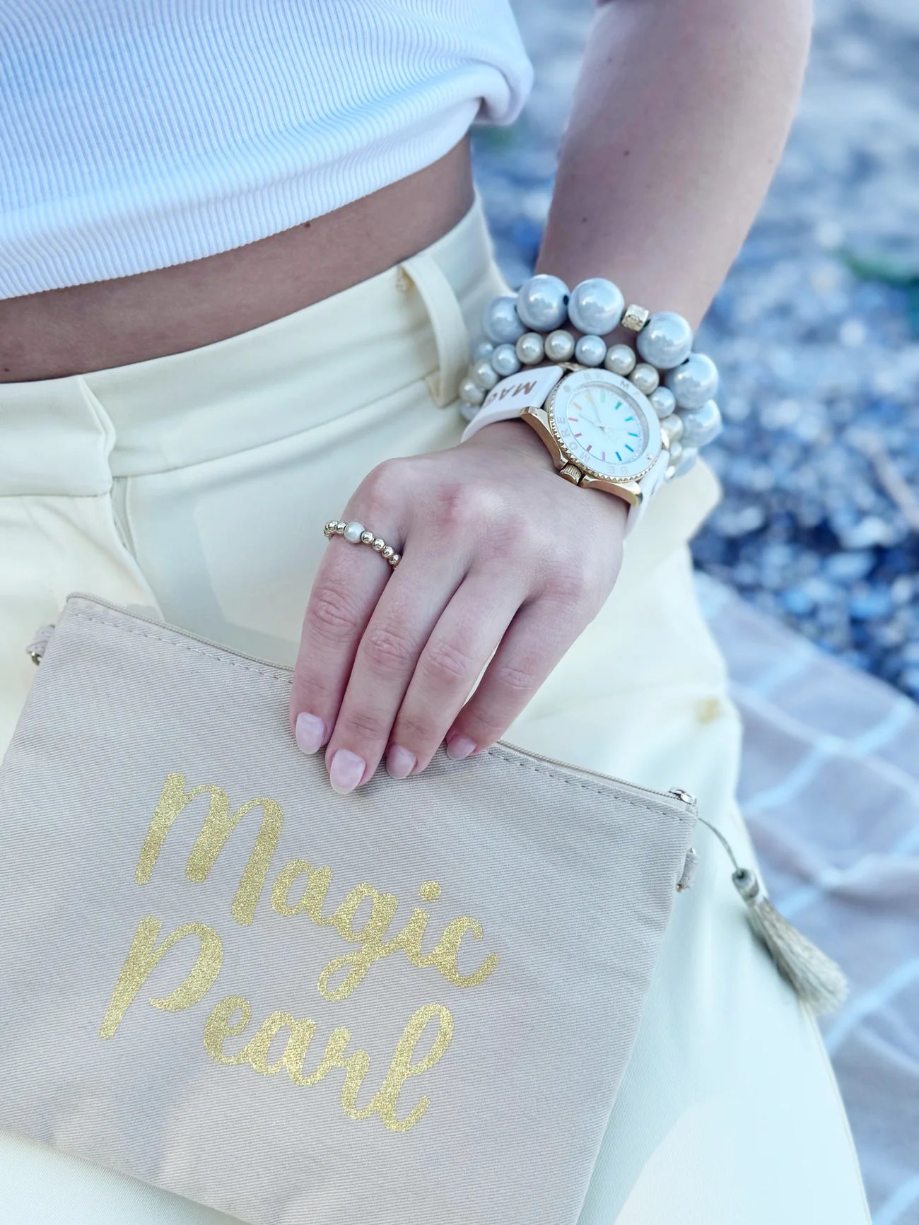 Magic Pearl Stretch Ring Gold - Taupe