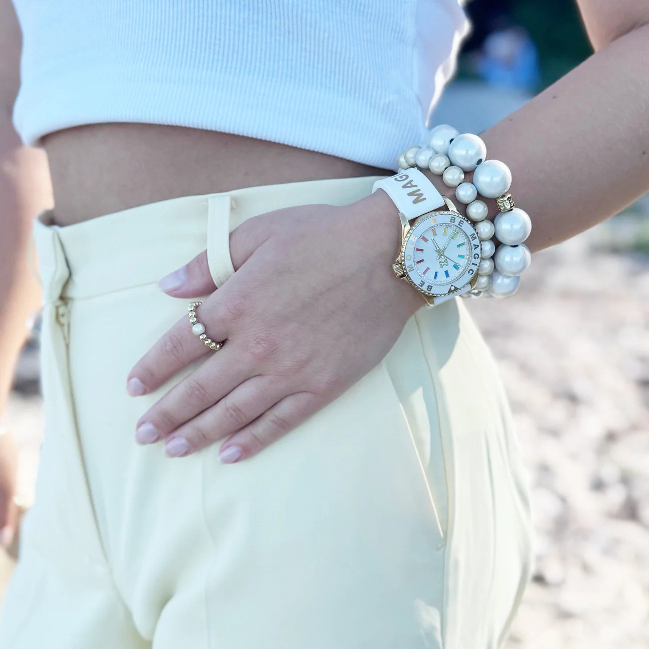 Magic Pearl Stretch Ring Gold - Taupe