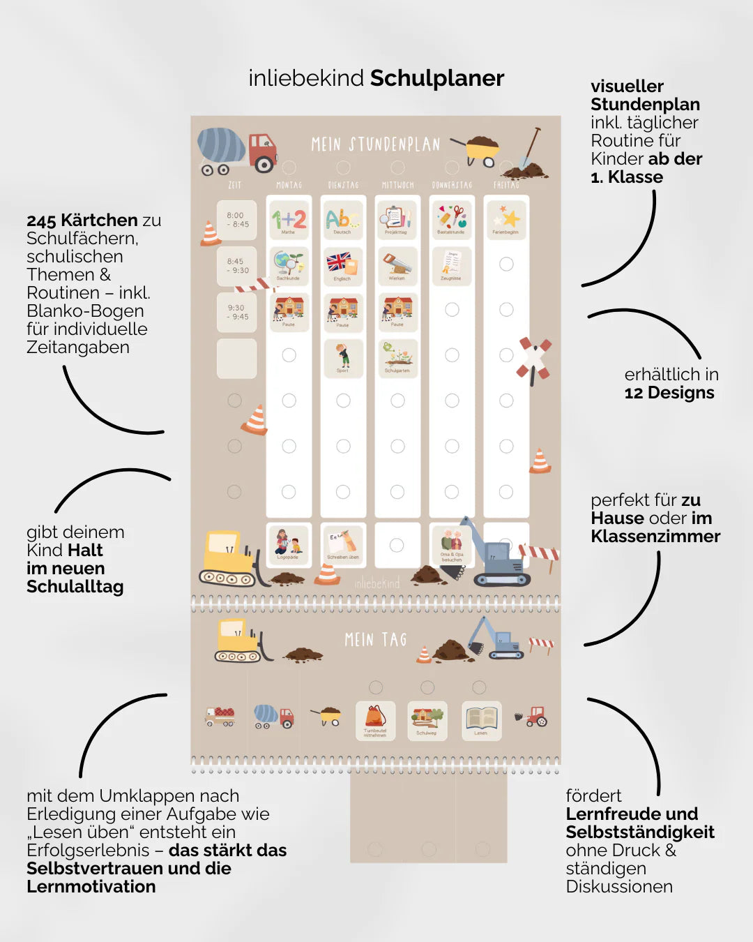 inliebekind Grundschulplaner inkl. Symbolkärtchen BAGGER - Gebunden