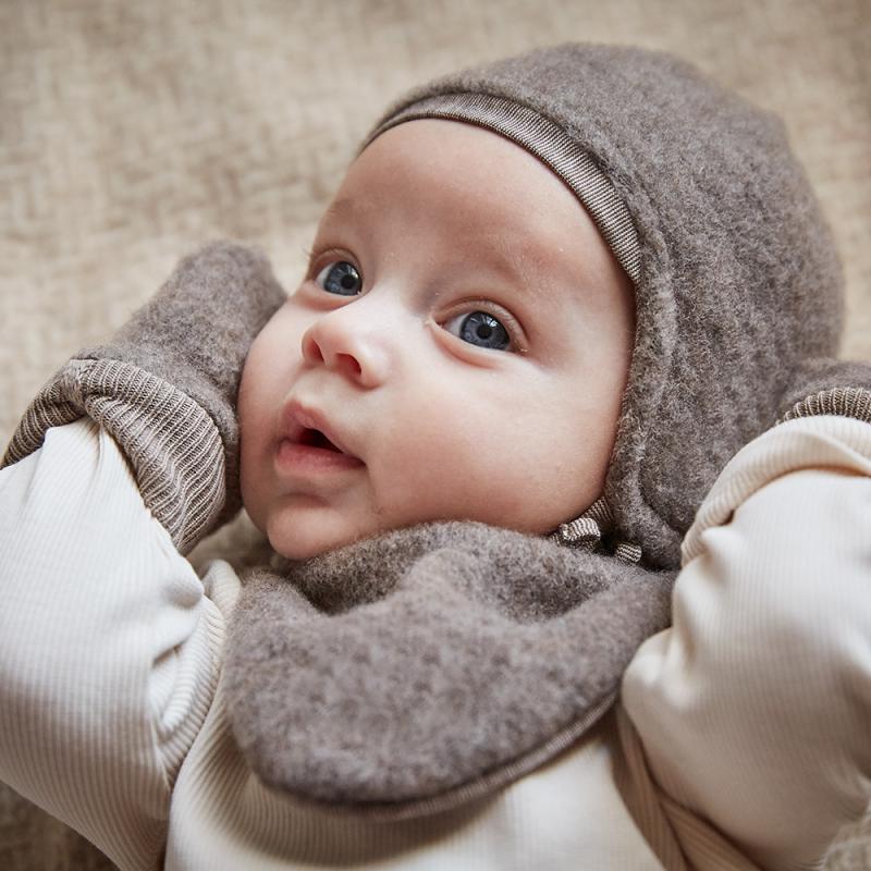 Maximo GOTS BABY-Mütze Wollfleece Jerseyfutter mit Bindeband