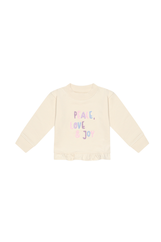Leevje Sweatshirt 'peace, love & joy' mit Rüschensaum