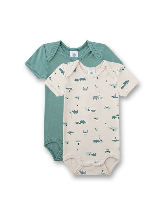Sanetta Baby-Body (Doppelpack) grün & beige Tiere