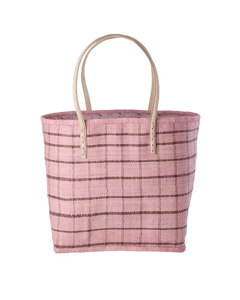 rice Große Raffia Tasche - natürlich - mit Ledergriffe soft pink
