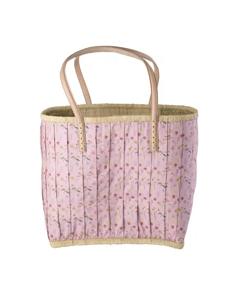 rice Große Raffia Tasche/Shopper mit Ledergriffe - pink