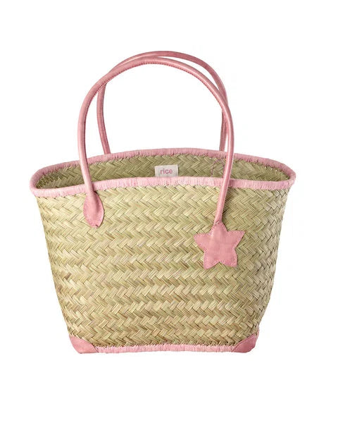 rice Große Raffia Tasche - natürlich - mit Ledergriffe Pink