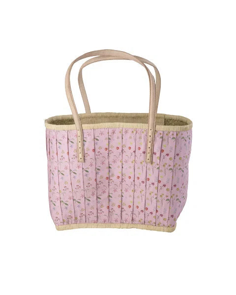 rice Mittlere Raffia Tasche/Shopper mit Ledergriffe - pink
