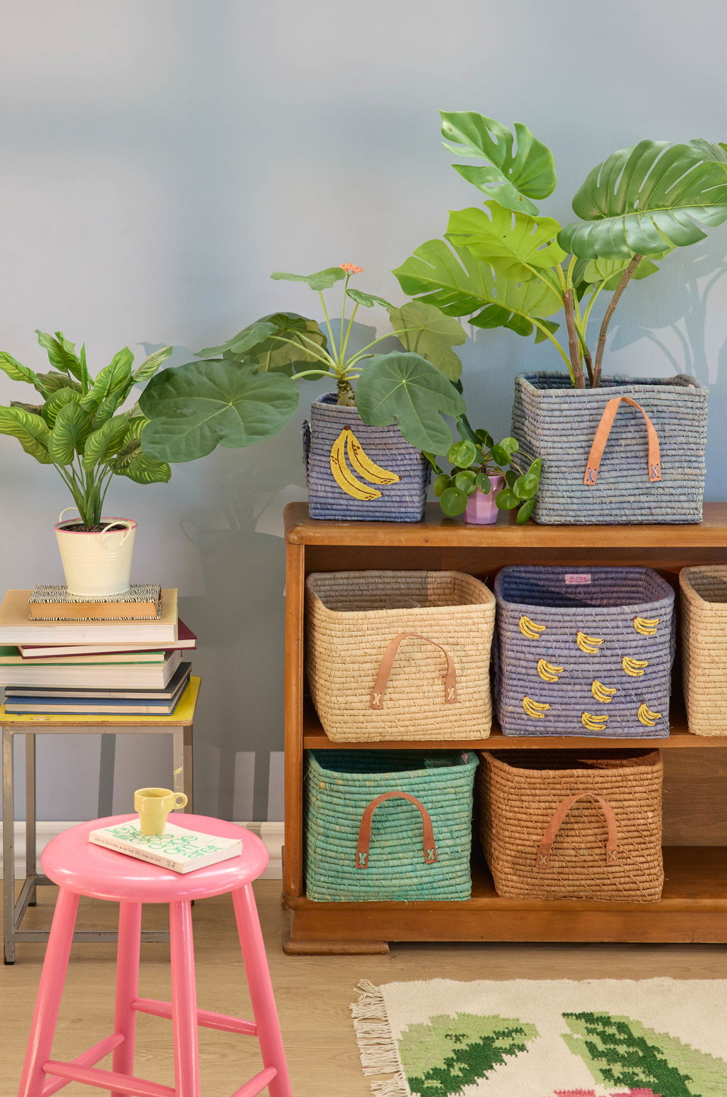 rice Raffia Korb - Blau Bananen
