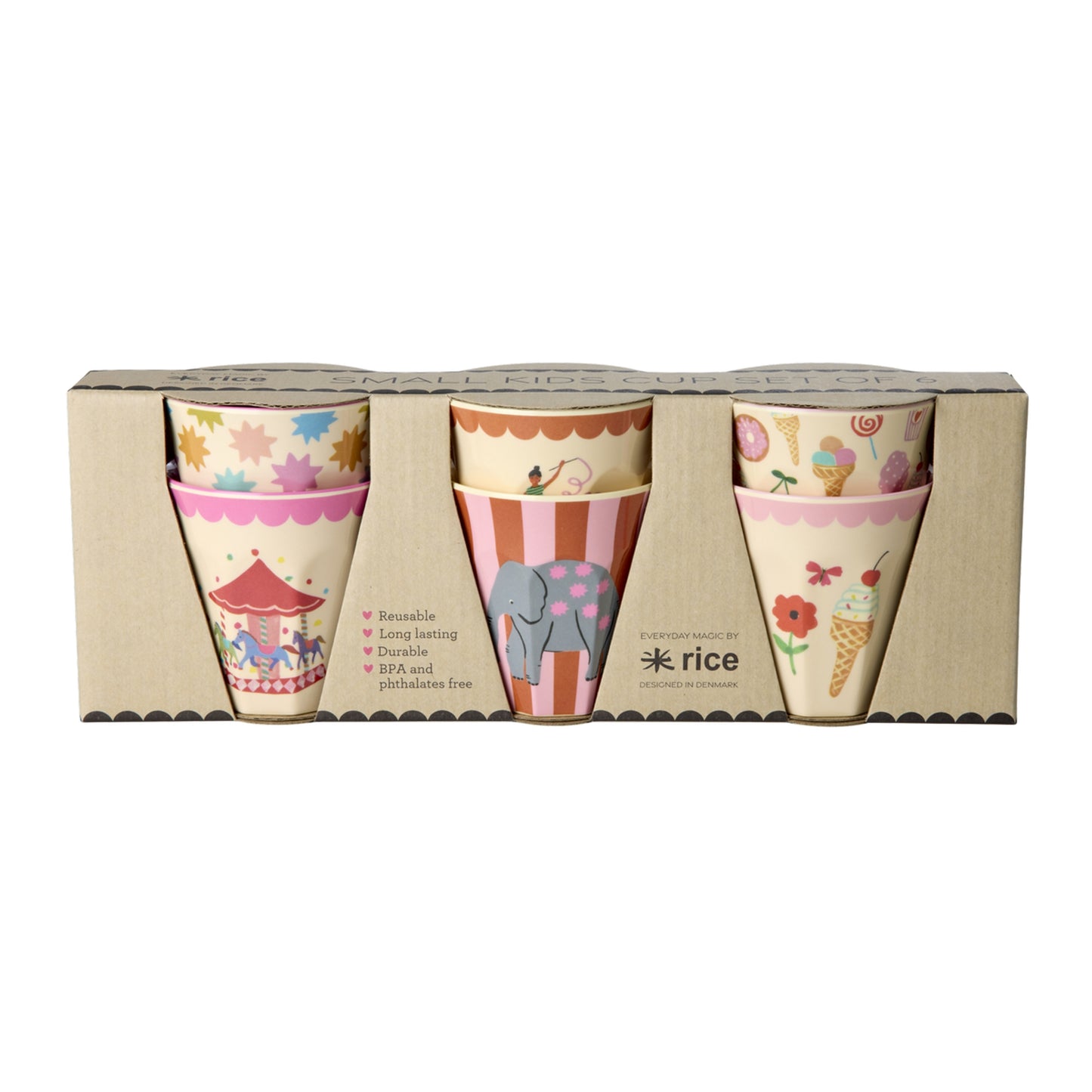 rice Melamin Kleine Becher 160ml - Pink - Fun Fair Print - 6er Pack
