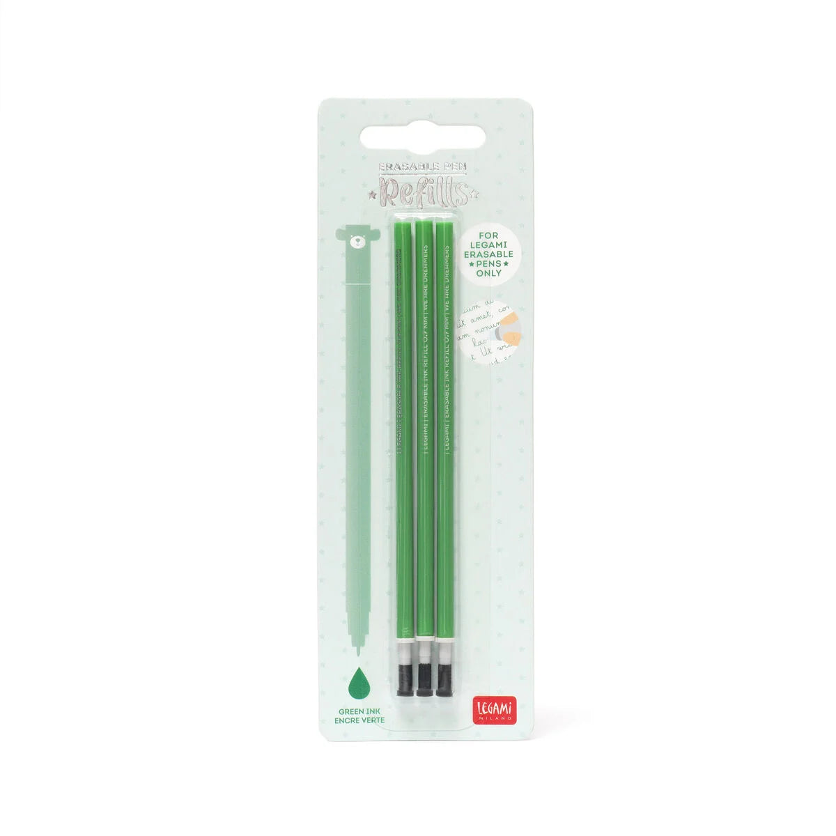 Legami Set mit 3 Nachfüllpatronen - Grünfarbene Tinte - Löschbarer Stift